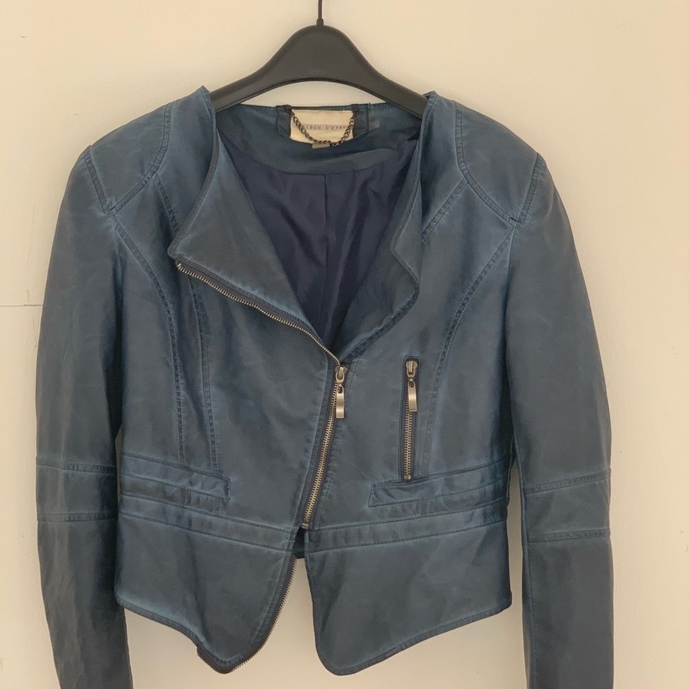 Navy Blue Faux Leather Jacket